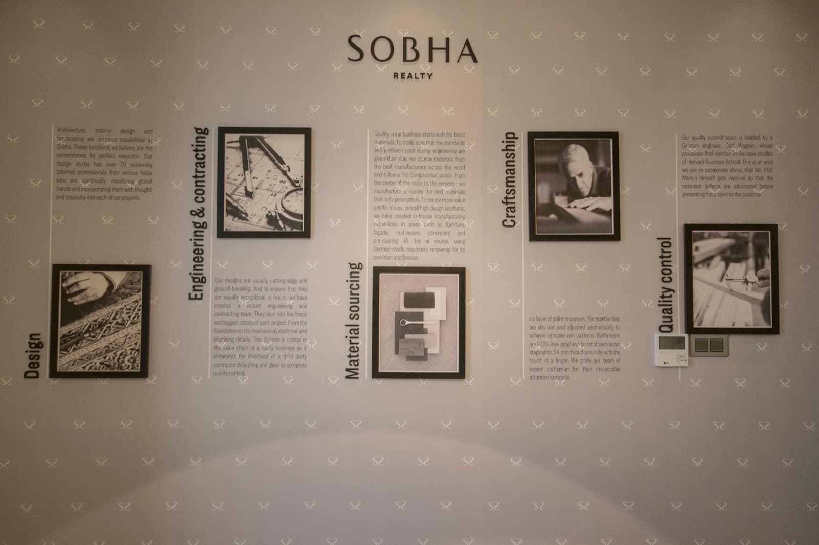 Printed wall graphics with framed images and text panels in a real estate showroom
